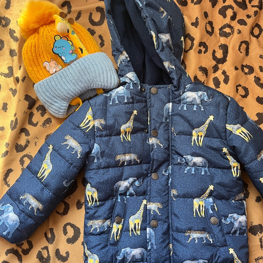 Children's Animal Print Puffer Jacket and Beanie Set size 18 months